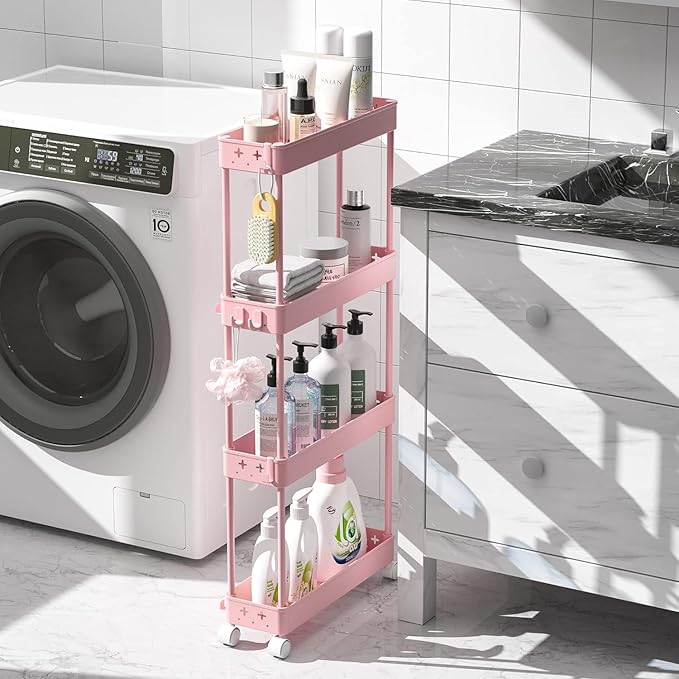 TOOLF Slim Rolling Storage Cart, 4 Tier Utility Cart on Wheels, Mobile Shelving Unit with Hooks for Narrow Space, Rolling Organizer for Bathroom Laundry Kitchen Dorm for Craft Makeup Diaper, Pink - LeafyLoom