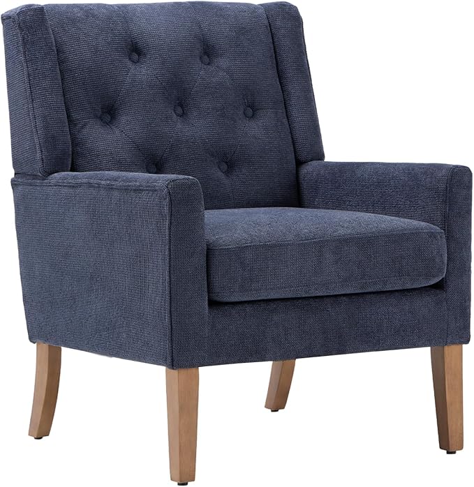 COLAMY Mid-Century Accent Chairs, Modern Wingback Living Room Chair, Upholstered Armchair with Button Tufted Back and Wood Legs for Bedroom/Office/Reading Spaces, Blue - LeafyLoom