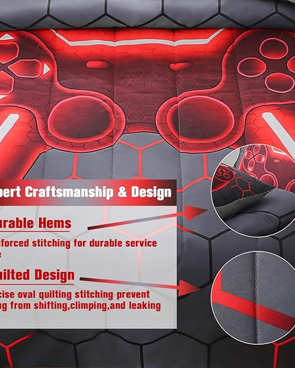 JQinHome Twin Gamer Comforter Set for Boys Girls Kids,6 Piece Bed in A Bag 3D Video Game Bedding -All Season Soft Microfiber Down Alternative Comforter Gamer Bedding Sets with Sheets （Red） - LeafyLoom