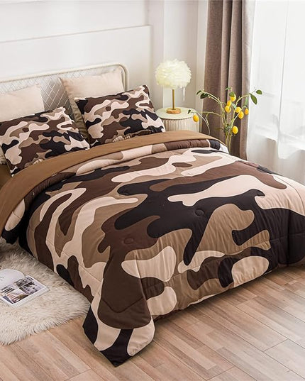 Meeting Story Camouflage Bedding Set, Colorful Pattern Style Comforter Set, 5 PCS One Comforter Two Pillowcases Two Sheets in One Bag, All Season Bedspread for Teens Adults (Coffee, Twin 5Pcs) - LeafyLoom
