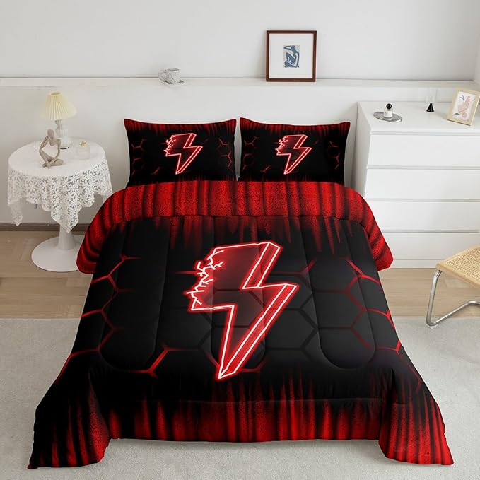 Feelyou Game Flash Bedding Set Full Size Boys Girls Ombre Comforter Set for Kids Honeycomb Comforter Red Black Duvet Set Room Decor Quilt Set - LeafyLoom