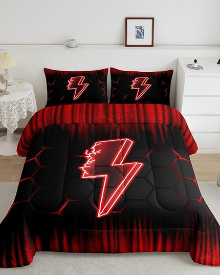 Feelyou Game Flash Bedding Set Queen Size Boys Girls Ombre Comforter Set for Kids Honeycomb Comforter Red Black Duvet Set Room Decor Quilt Set - LeafyLoom