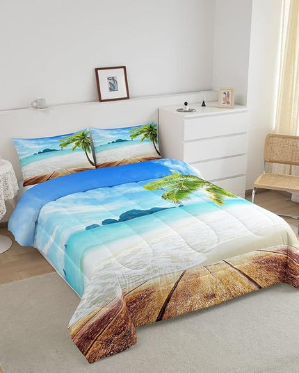 Beach Comforter Set King Size Ocean Bedding Set Tropical Palm Tree Hawaii Ocean Duvet Set Sunny Beach Coastal Nature Theme Duvet Set Sea Wave Mountain Brown Wooden Comforter Set 2 Pillowcases, Blue - LeafyLoom