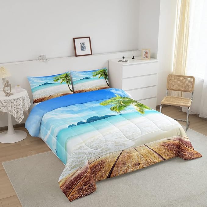 Beach Comforter Set King Size Ocean Bedding Set Tropical Palm Tree Hawaii Ocean Duvet Set Sunny Beach Coastal Nature Theme Duvet Set Sea Wave Mountain Brown Wooden Comforter Set 2 Pillowcases, Blue - LeafyLoom