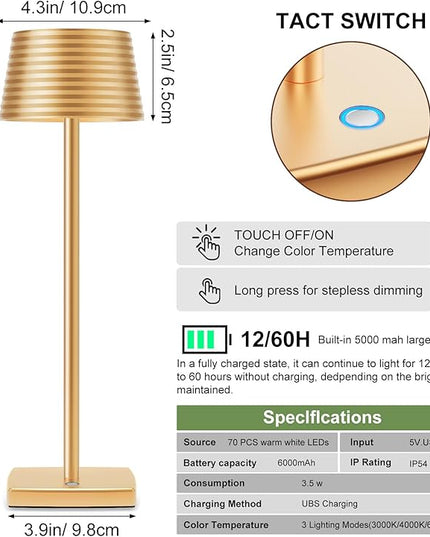 Rechargeable Cordless Table Lamp, Battery 5000mAh Metal Aluminum Housing USB LED Portable Powered Desk Lamp, 3 Levels Brightness Night Light for Restaurants Bars Outdoor (Gold-2pack) - LeafyLoom