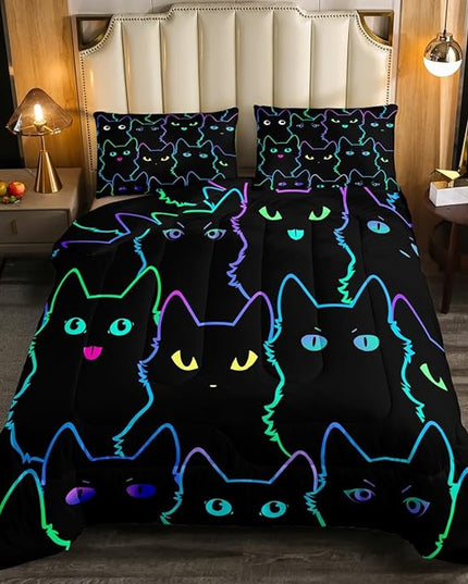Erosebridal Cute Cat Kids Comforter Neon Rainbow Line Cat Twin Bedding Set for Girls Boys Teen Cartoon Kawaii Cats Toddler Bed Set Colorful Animals Quilt Set Reversible Black,1 Pillow Case - LeafyLoom