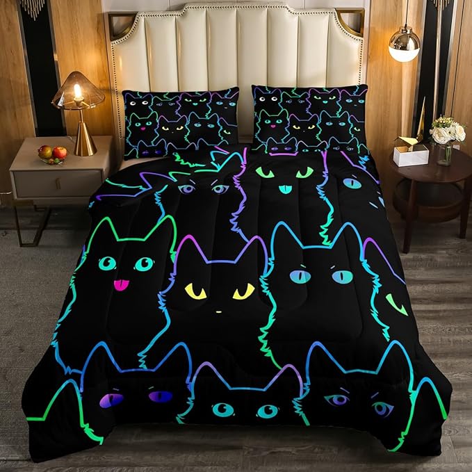 Erosebridal Teen Girl Bedding Full Size Cute Cat Kids Comforter Set Rainbow Line Cats Bedding Sets for Girls Boys Cartoon Kawaii Animal Quilt Set Reversible Black All Season,2 Pillow Cases - LeafyLoom