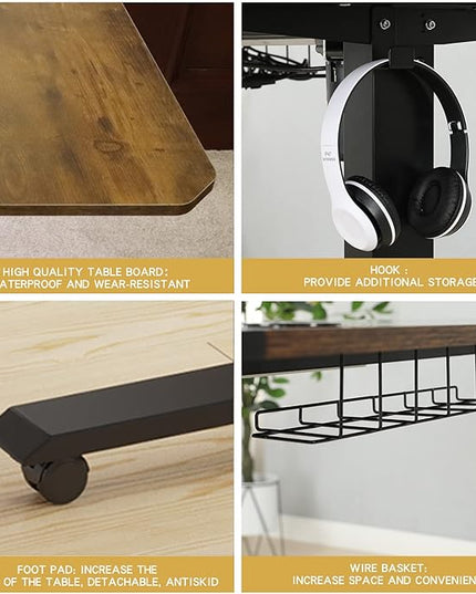 Adjustable Height L-Shaped 59 Inch Electric Standing Desk - Sit Stand Computer Desk with 3 Splice Board, Lockable Casters, Stand Up Desk Table for Home Office, Black Frame and Rustic Brown Top - LeafyLoom