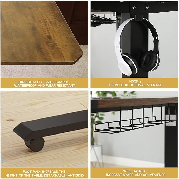 Adjustable Height L-Shaped 59 Inch Electric Standing Desk - Sit Stand Computer Desk with 3 Splice Board, Lockable Casters, Stand Up Desk Table for Home Office, Black Frame and Rustic Brown Top - LeafyLoom