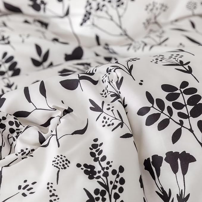 Botanical Comforter Set Cal King White Black Floral Plant Bedding Comforter Girls Garden Pattern Printed White Blanket Rustic Leaf Blossom Women White Farmhouse Comforter California King - LeafyLoom