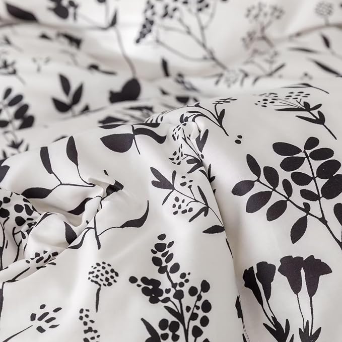 Black Botanical Comforter Set Queen White Black Floral Plant Bedding Comforter Set Girls Garden Pattern Printed on White Blanket Rustic Leaf Blossom Women White Farmhouse Comforter Queen - LeafyLoom