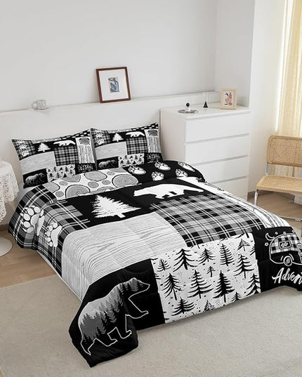 Bear Plaids Comforter Set Queen Size,Pine Trees Animals Hunting Bedding Set for Kids Boys Girls Adults Room Decor,Adventure Rustic Farmhouse Down Comforter,Black Retro Duvet Insert,2 Pillowcases - LeafyLoom