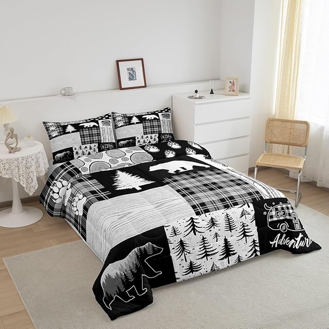 Bear Plaids Comforter Set Queen Size,Pine Trees Animals Hunting Bedding Set for Kids Boys Girls Adults Room Decor,Adventure Rustic Farmhouse Down Comforter,Black Retro Duvet Insert,2 Pillowcases - LeafyLoom