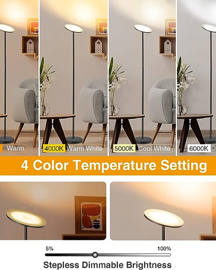 OUTON Floor Lamp, 30W/3000LM LED Modern Torchiere Sky Lamp, Super Bright Dimmable Standing Tall Lamp with 4 Color Temperatures, Remote Touch Control, 1 Hour Timer for Living Room Bedroom Office, Black - LeafyLoom