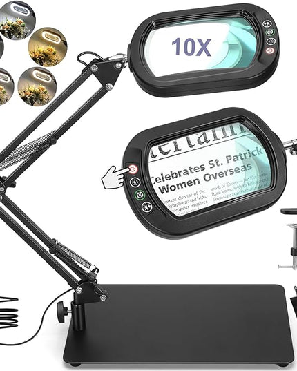 10X Square Magnifying Glass with Light and Stand, Real Glass LED Lighted Magnifier, 5 Color Modes Stepless Dimmable, Hands-Free Mag Desk Lamp with Clamp for Reading Craft Hobby Close Work - LeafyLoom