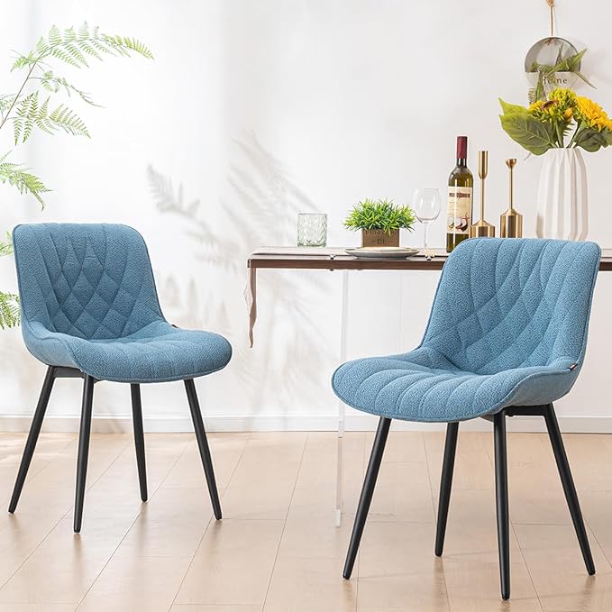 YOUNUOKE Comfortable Dining Chairs Set of 2, Mid-Century Modern Kitchen Dining Room Chairs, Upholstered Backrest Boucle Dining Chair with Black Metal, Sky Blue - LeafyLoom
