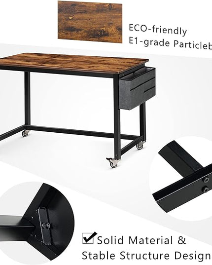 AHB 47" Rolling Computer Desk with 4 Smooth Wheels and 3 Iron Hooks, Simple Style Mobile Writing Desk Home Office Study Table Movable Workstation with Metal Frame - LeafyLoom