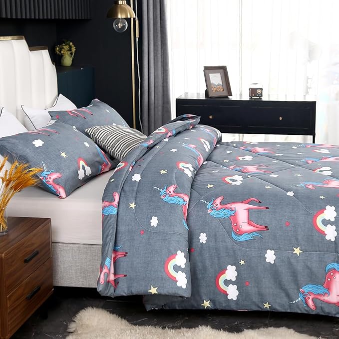 3PCS Gray Unicorn Comforter Set Queen Size, Queen Bed in a Bag Set Cute Bedding, Hotel Luxury, Lightweight Comforter Queen for Boys Girls Toddler Kids and Teens, Queen - LeafyLoom