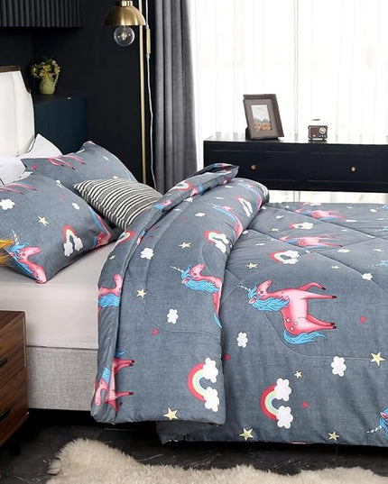 3PCS Gray Unicorn Comforter Set Full, Bed in a Bag Full Unicorn Bedding Set, Lightweight and Fade Resistant, Cute Room Decor for Boys Girls Toddler Kids and Teens, Full - LeafyLoom