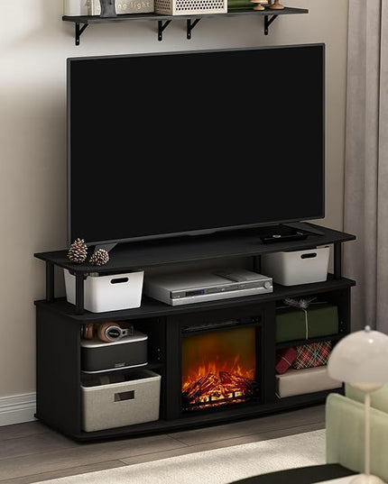Furinno Jensen Open Shelving Storage Fireplace TV Entertainment Center for TV up to 55 Inch, Americano/Black - LeafyLoom