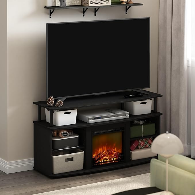 Furinno Jensen Open Shelving Storage Fireplace TV Entertainment Center for TV up to 55 Inch, Americano/Black - LeafyLoom