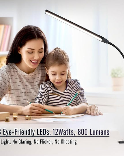 Clamp on Lamp, CeSunligt LED Desk Lamp, 12W, 800 LMS, 3 Color Modes, Multi Brightness Adjustable, Eye-Caring Touch Task Lamp for Reading, Home, Office (Adapter Included) - LeafyLoom