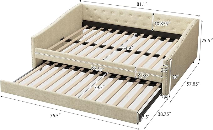 Full Size Upholstered Daybed with Twin Size Trundle,Wood Sofa Bed Frame W/Button Tufted Back and Nailhead Decorated Waved Shape Arms,Slat Support,for Bedroom,Living Room,Apartment,Beige - LeafyLoom