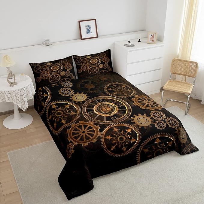 Golden Ndustrial Gear Comforter Set Queen Size Steampunk Style Bedding Set Clocks Theme Bedding Sets & Collections For Kids Boys Teens Men Mechanical Device Quilt Set,Retro Style Bedroom Decor - LeafyLoom