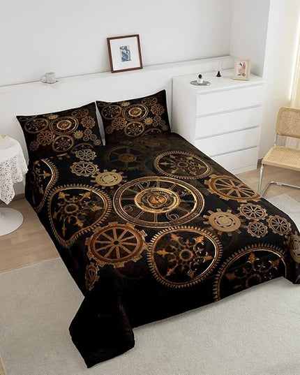 Golden Ndustrial Gear Comforter Set Twin Size Steampunk Style Bedding Set Clocks Theme Bedding Sets & Collections For Kids Boys Teens Men Mechanical Device Quilt Set,Retro Style Bedroom Decor - LeafyLoom