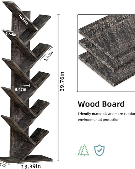 10 Tier Tree Book Shelf, Floor Standing Wood Bookshelf for Narrow Space, Storage Organizer Bookshelves for Books/CDs/Magazine, Bookcase with Shelves for Home Office, Living Room - Dark Grey - LeafyLoom