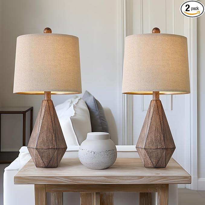 PoKat 20.25" Retro Farmhouse Table Lamp Set of 2 for Living Room Bedroom Rustic Linen Bedside Nightstand Lamps for Kids Room Study Room Office Table Lamps Resin - LeafyLoom