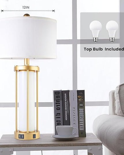 Table Lamps for Living Room Set of 2,26" Tall Gold Bedside Farmhouse Table Lamps with LED Lantern Nightlight,Bedroom Nightstand Lamps with Dual USB Port Grey White Shade (Bulbs Included) - LeafyLoom