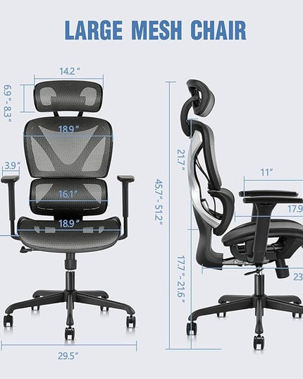 GABRYLLY Ergonomic Office Chair, Mesh Desk Chair with Lumbar Support, Adjustable 3D Arms, Reclining, Headrest & Large Seat - Big and Tall Ergonomic Chair for Home Office Work(Grey) - LeafyLoom
