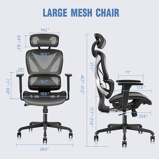 GABRYLLY Ergonomic Office Chair, Mesh Desk Chair with Lumbar Support, Adjustable 3D Arms, Reclining, Headrest & Large Seat - Big and Tall Ergonomic Chair for Home Office Work(Grey) - LeafyLoom