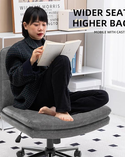 Armless Office Chair with Wheels Wide Desk Chair Leather Mid Back Accent Chair Padded Swivel Vanity Chair for Girl Women Computer Task Chair for Home Office (Leather, Dark Gray/Gray) - LeafyLoom
