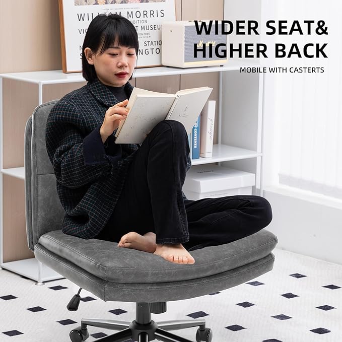 Armless Office Chair with Wheels Wide Desk Chair Leather Mid Back Accent Chair Padded Swivel Vanity Chair for Girl Women Computer Task Chair for Home Office (Leather, Dark Gray/Gray) - LeafyLoom