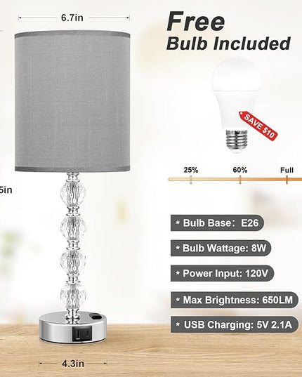 Acaxin Touch Bedside Crystal Lamps for Bedrooms Nightstand with USB C+A Charging Port and AC Outlet White, 3 Way Dimmable Silver Large End Side Table Lamp for Living/Dinning Room/Kitchen/Bedroom - LeafyLoom