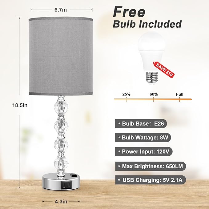Acaxin Touch Bedside Crystal Lamps for Bedrooms Nightstand with USB C+A Charging Port and AC Outlet White, 3 Way Dimmable Silver Large End Side Table Lamp for Living/Dinning Room/Kitchen/Bedroom - LeafyLoom