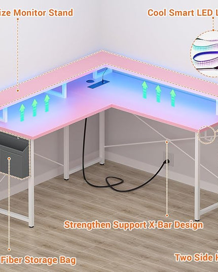 armocity L Shaped Computer Desk with Power Outlets, Gaming Desk L Shaped with LED Lights, Corner Desk with Storage Shelves, Work Study Desk for Bedroom, Home Office Small Spaces, 47'', Pink - LeafyLoom