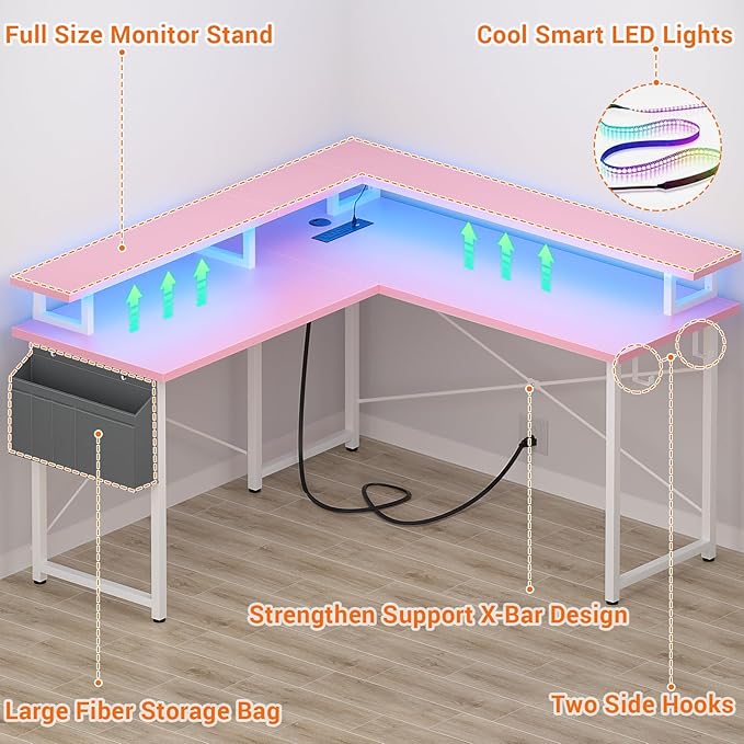 armocity L Shaped Computer Desk with Power Outlets, Gaming Desk L Shaped with LED Lights, Corner Desk with Storage Shelves, Work Study Desk for Bedroom, Home Office Small Spaces, 47'', Pink - LeafyLoom