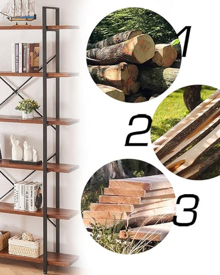 HSH Solid Wood Bookshelf, 6 Tier Tall Industrial Etagere Bookcase and Storage Shelves Heavy Duty, Rustic Large Open Vertical Metal Natural Real Wood Book Shelf for Bedroom Living Room Distressed Brown - LeafyLoom