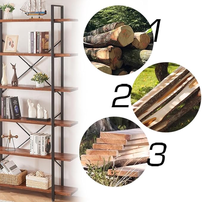 HSH Solid Wood Bookshelf, 6 Tier Tall Industrial Etagere Bookcase and Storage Shelves Heavy Duty, Rustic Large Open Vertical Metal Natural Real Wood Book Shelf for Bedroom Living Room Distressed Brown - LeafyLoom