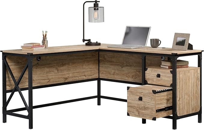 Sauder Steel River L-Shaped Desk, L: 59.84" x W: 57.32" x H: 29.53", Milled Mesquite Finish - LeafyLoom