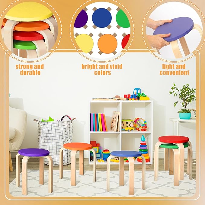 6 Pcs 12 Inch Bentwood Stacking Stool for Kids Colored Durable Round Nesting Stool Flexible Wood Stackable Stool Chairs for Playroom Daycare Home Classroom (Classic Color) - LeafyLoom
