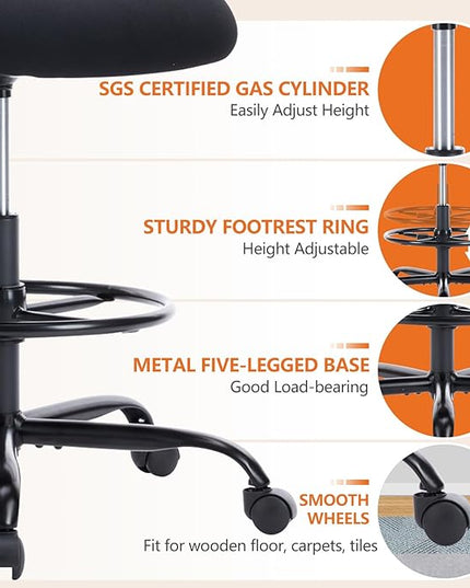 Sweetcrispy Home Office Drafting Desk Chair - Ergonomic High Stool Computer with Adjustable Height and Comfy Lumbar Support, Tall Rolling Task for Standing Desk with Flip-up Arm and Footrest, Black - LeafyLoom