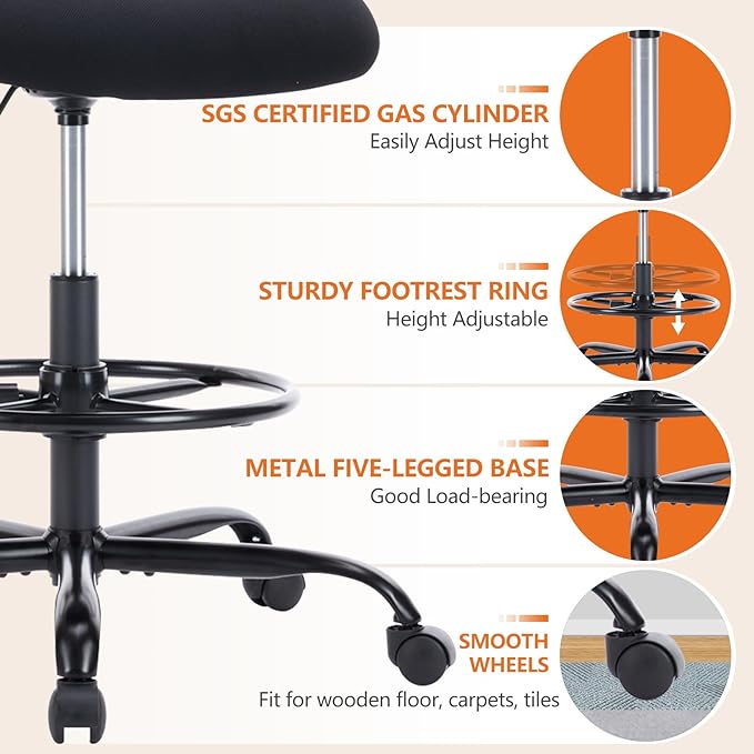 Sweetcrispy Home Office Drafting Desk Chair - Ergonomic High Stool Computer with Adjustable Height and Comfy Lumbar Support, Tall Rolling Task for Standing Desk with Flip-up Arm and Footrest, Black - LeafyLoom