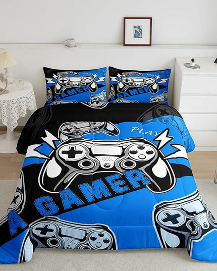 Erosebridal Gaming Bedding Sets for Boys Gamer Comforter Set Queen Size,Video Gaming Bedding Set Game Console Kids Comforter Sets 3Pcs Gamer Room Decor,Blue Black - LeafyLoom