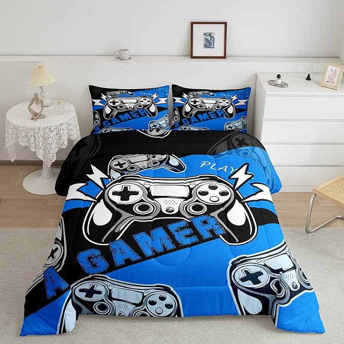 Erosebridal Gamer Comforter Sets for Boys Full Size,Gaming Bedding Sets for Boys Kids Teens Gamepad Gaming Comforter Set Game Room Decor,Blue Black 3Pcs - LeafyLoom