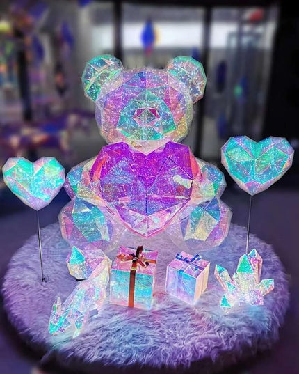 Gorgeous Shining LED Teddy Bear Holding a Pink Heart, Forever Gifts for Her Valentine's Day Anniversary and Birthday 10 inch Mood Lighting Galaxy Lamp - w/Clear Gift Box - LeafyLoom
