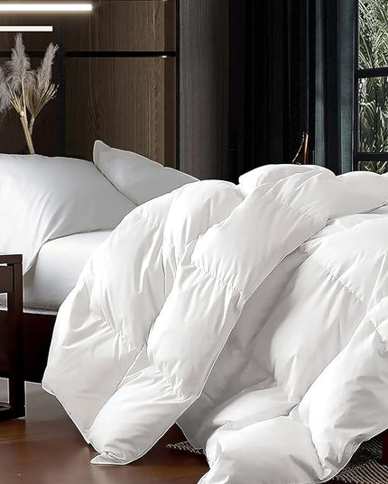 Luxurious Oversized Super King 120" x 120" Size Goose Down Fiber Waterfowl Feather Fiber Comforter Duvet, 100% Egyptian Cotton Cover, 90 oz. Fill Weight, Baffle Box Design, White Solid - LeafyLoom